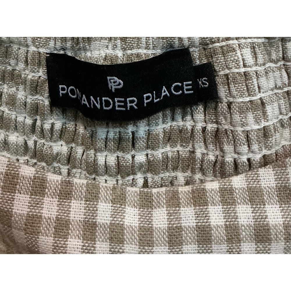 Pomander Place Tuckernuck Gingham Abigail Dress Tan White Puff Sleeve Mini XS - Picture 3 of 4